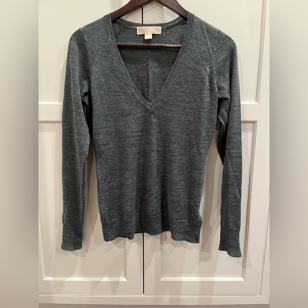 Michael Kors Gray Merino Wool Blend V-Neck Sweater Sz XS